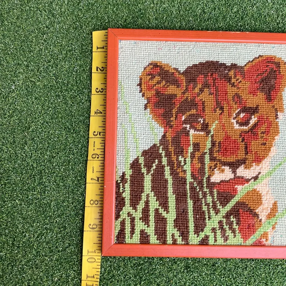 Vintage Framed Cross Stitch Lion 10